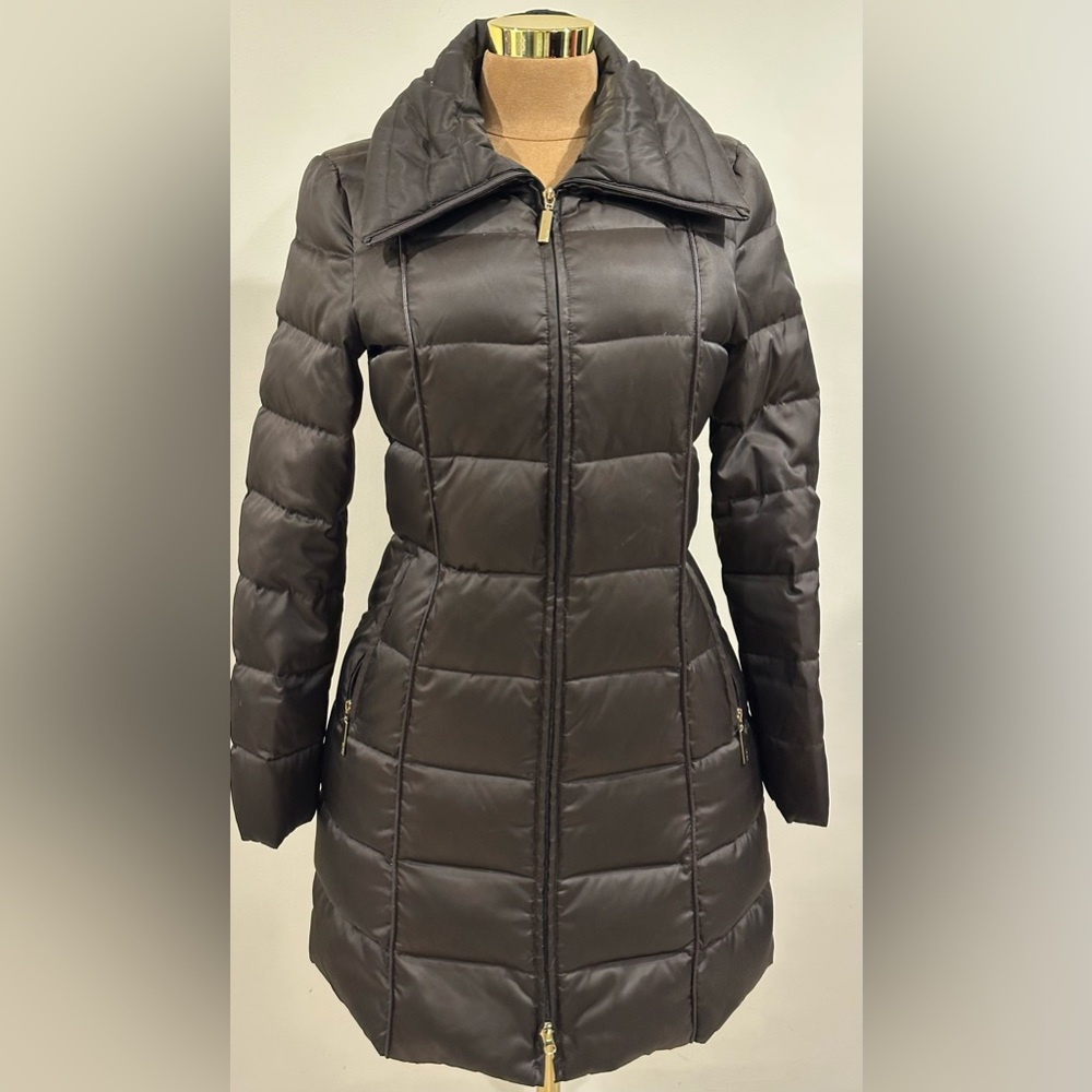 Nautica Long Dark Brown Puffer Jacket With Gold Hardware Zipper Pockets Sz M